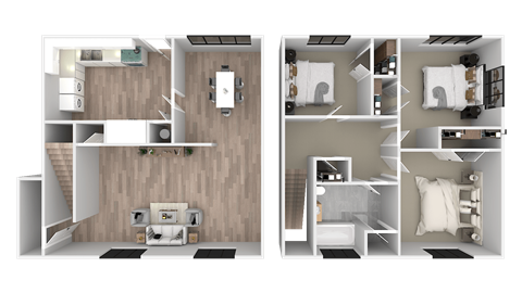 a 3d rendering of a floor plan with a bedroom and a bathroom